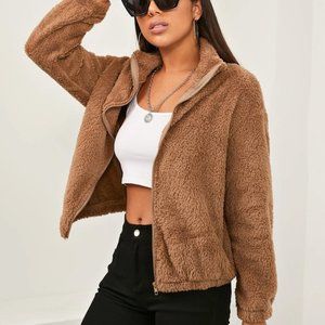 Drop Shoulder Zip Up Teddy Jacket